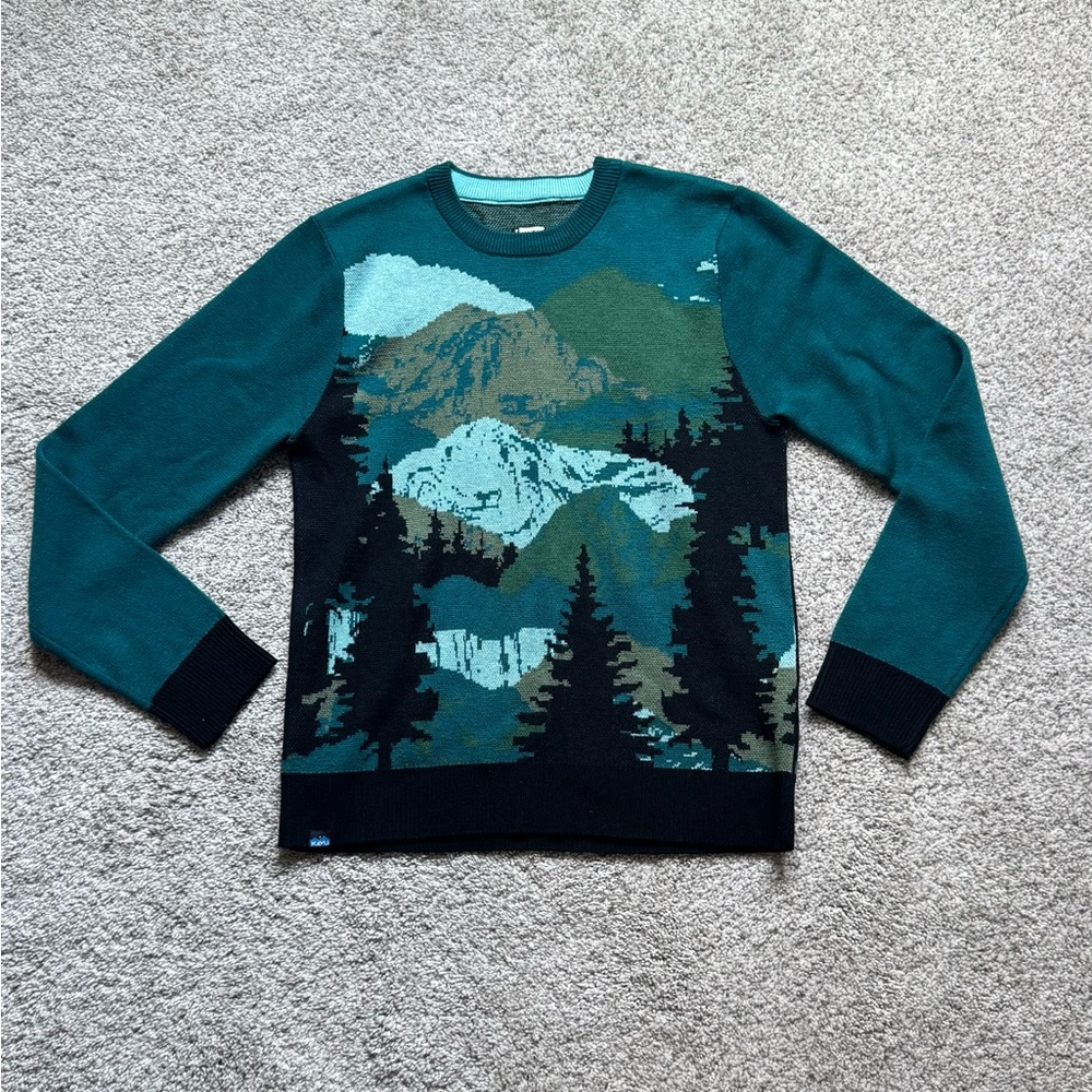 KAVU blue, green, & black mountain sweater